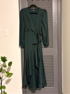 Express Dark Green Long Sleeve Wrap Maxi Dress